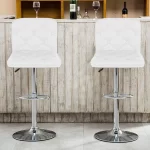 Adjustable Height Bar Stool with Backrest – White Faux Leather Front View
