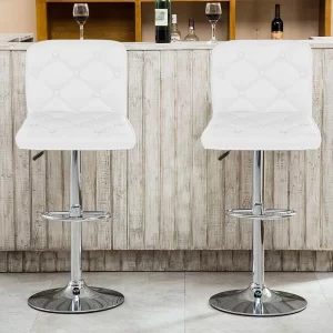 Adjustable Height Bar Stool with Backrest – White Faux Leather Front View