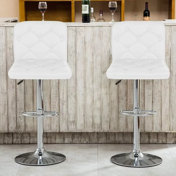 Adjustable Height Bar Stool with Backrest – White Faux Leather Front View