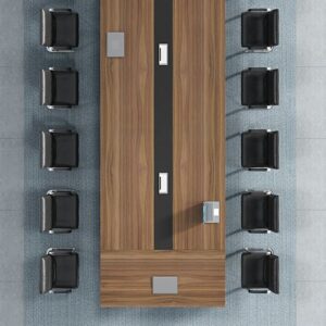 Modern walnut boardroom table top view