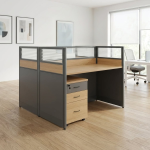 2‑Way Office Workstation with frosted glass dividers and storage